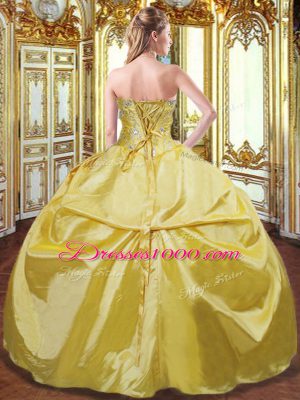 Customized Strapless Sleeveless Taffeta Quince Ball Gowns Beading and Hand Made Flower Lace Up