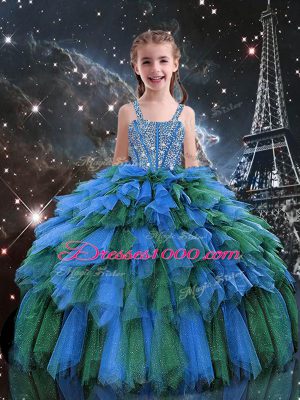 Custom Fit Blue Tulle Lace Up Straps Sleeveless Floor Length Little Girls Pageant Gowns Beading and Ruffles