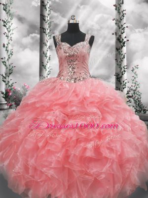 New Style Straps Sleeveless Quinceanera Dress Floor Length Beading and Ruffles Watermelon Red Organza