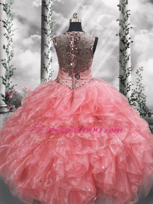 New Style Straps Sleeveless Quinceanera Dress Floor Length Beading and Ruffles Watermelon Red Organza