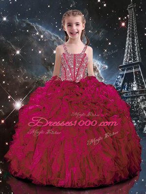 Beading and Ruffles Little Girls Pageant Dress Wholesale Hot Pink Lace Up Sleeveless Floor Length