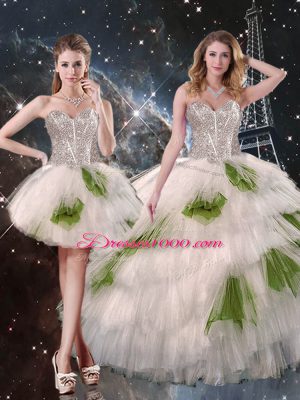 Enchanting Floor Length White Ball Gown Prom Dress Tulle Sleeveless Beading and Ruffled Layers and Sequins