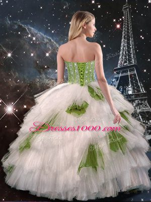Enchanting Floor Length White Ball Gown Prom Dress Tulle Sleeveless Beading and Ruffled Layers and Sequins