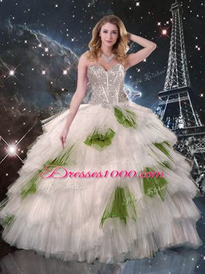 Enchanting Floor Length White Ball Gown Prom Dress Tulle Sleeveless Beading and Ruffled Layers and Sequins