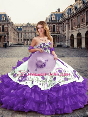 Traditional Lavender Organza Lace Up 15 Quinceanera Dress Sleeveless Floor Length Embroidery and Ruffled Layers