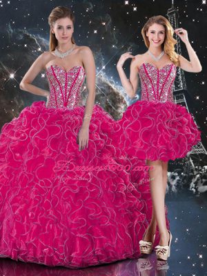Hot Pink Sleeveless Beading and Ruffles Floor Length Ball Gown Prom Dress