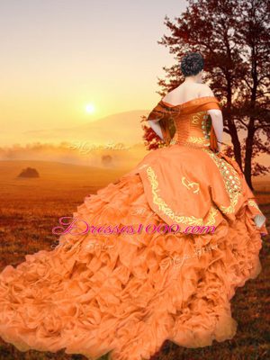 Ideal Sleeveless Brush Train Embroidery and Ruffles Lace Up Sweet 16 Dress