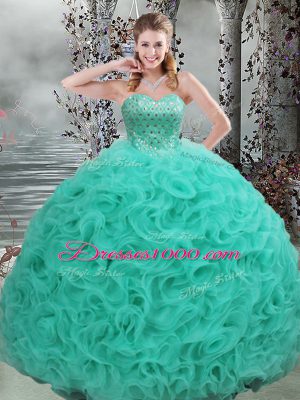 Sexy Turquoise Sleeveless Fabric With Rolling Flowers Brush Train Lace Up Quinceanera Gown for Military Ball and Sweet 16 and Quinceanera