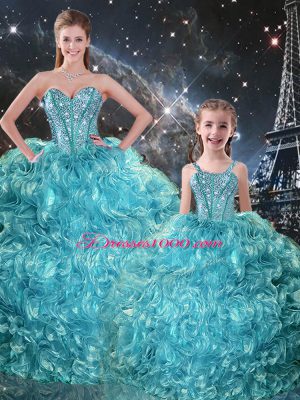 Fantastic Aqua Blue Organza Lace Up Sweetheart Sleeveless Floor Length Quince Ball Gowns Beading and Ruffles