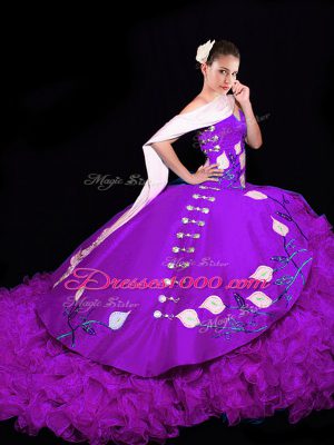 Organza Sweetheart Sleeveless Brush Train Lace Up Embroidery and Ruffles Quinceanera Gowns in Eggplant Purple