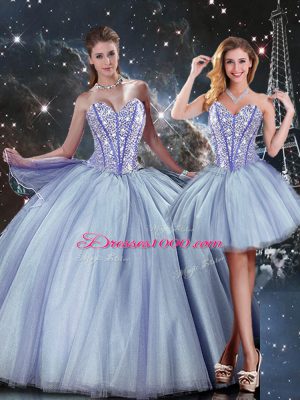 Sleeveless Tulle Floor Length Lace Up Quinceanera Dresses in Blue with Beading
