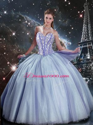 Sleeveless Tulle Floor Length Lace Up Quinceanera Dresses in Blue with Beading