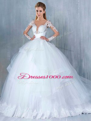 White Long Sleeves Court Train Lace and Appliques and Ruffles Wedding Gown