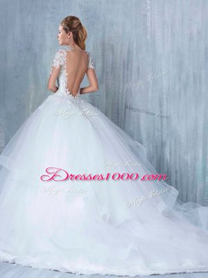 White Long Sleeves Court Train Lace and Appliques and Ruffles Wedding Gown