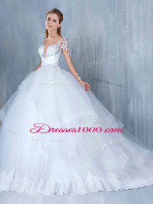 White Long Sleeves Court Train Lace and Appliques and Ruffles Wedding Gown