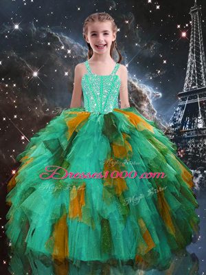 Charming Straps Sleeveless Little Girl Pageant Dress Floor Length Beading and Ruffles Turquoise Tulle