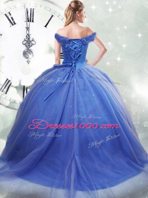 Dramatic Light Blue Sleeveless Tulle Brush Train Lace Up Quinceanera Dress for Military Ball and Sweet 16 and Quinceanera