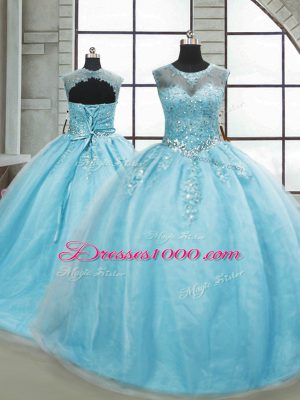 Deluxe Aqua Blue Ball Gowns Beading 15 Quinceanera Dress Lace Up Tulle Sleeveless