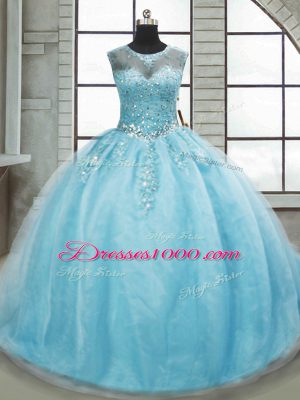 Deluxe Aqua Blue Ball Gowns Beading 15 Quinceanera Dress Lace Up Tulle Sleeveless