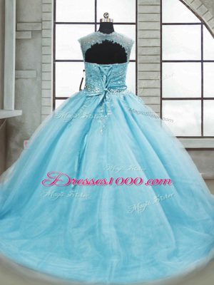 Deluxe Aqua Blue Ball Gowns Beading 15 Quinceanera Dress Lace Up Tulle Sleeveless