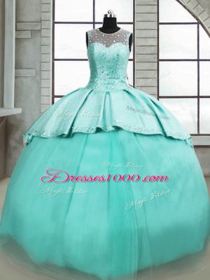Gorgeous Turquoise Tulle Lace Up Scoop Sleeveless 15 Quinceanera Dress Brush Train Beading
