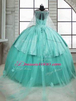 Gorgeous Turquoise Tulle Lace Up Scoop Sleeveless 15 Quinceanera Dress Brush Train Beading