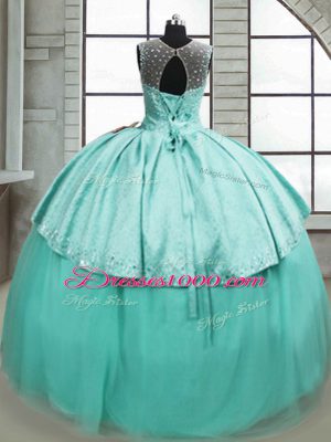Gorgeous Turquoise Tulle Lace Up Scoop Sleeveless 15 Quinceanera Dress Brush Train Beading