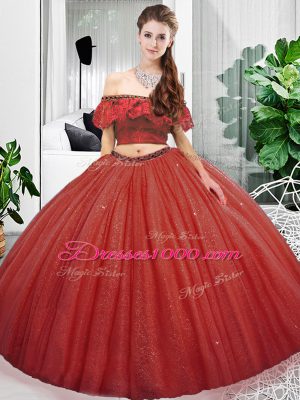 Graceful Sleeveless Floor Length Lace Lace Up Sweet 16 Dress with Coral Red