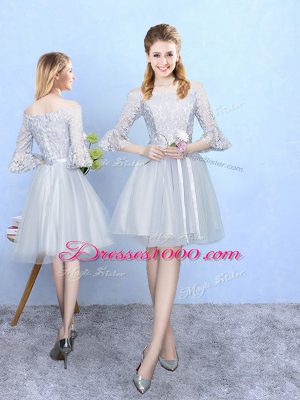 Romantic Off The Shoulder Half Sleeves Lace Up Wedding Guest Dresses Silver Tulle