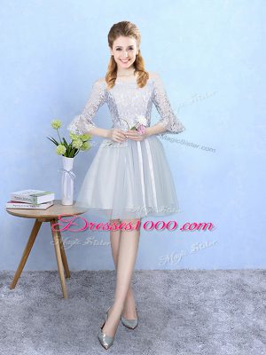 Romantic Off The Shoulder Half Sleeves Lace Up Wedding Guest Dresses Silver Tulle