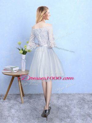 Romantic Off The Shoulder Half Sleeves Lace Up Wedding Guest Dresses Silver Tulle