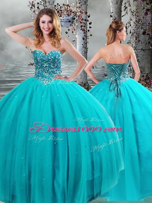 Sweetheart Sleeveless Tulle 15 Quinceanera Dress Beading Lace Up