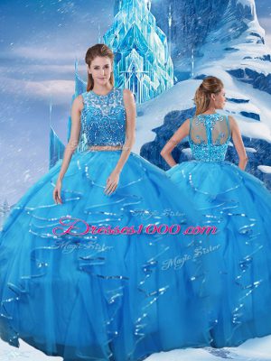 Hot Sale Baby Blue Two Pieces Tulle Scoop Sleeveless Beading and Ruffles Floor Length Zipper Sweet 16 Dresses