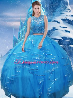 Hot Sale Baby Blue Two Pieces Tulle Scoop Sleeveless Beading and Ruffles Floor Length Zipper Sweet 16 Dresses