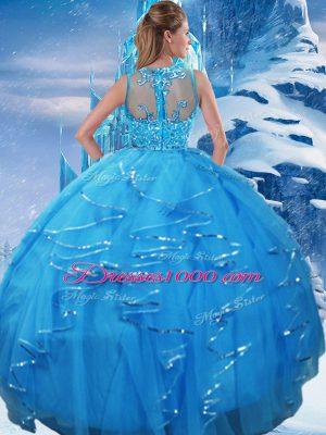 Hot Sale Baby Blue Two Pieces Tulle Scoop Sleeveless Beading and Ruffles Floor Length Zipper Sweet 16 Dresses