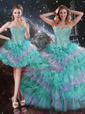 Charming Floor Length Lace Up Sweet 16 Dress Multi-color for Military Ball and Sweet 16 and Quinceanera with Beading and Ruffled Layers
