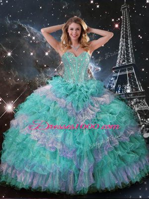 Charming Floor Length Lace Up Sweet 16 Dress Multi-color for Military Ball and Sweet 16 and Quinceanera with Beading and Ruffled Layers