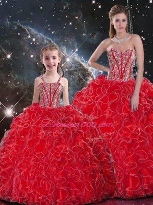 Hot Selling Organza Sweetheart Sleeveless Lace Up Beading and Ruffles Quinceanera Gowns in Wine Red
