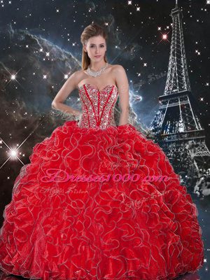 Hot Selling Organza Sweetheart Sleeveless Lace Up Beading and Ruffles Quinceanera Gowns in Wine Red