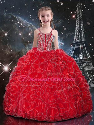 Hot Selling Organza Sweetheart Sleeveless Lace Up Beading and Ruffles Quinceanera Gowns in Wine Red