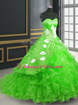 Glittering Sweetheart Sleeveless Quinceanera Dress Brush Train Embroidery Green Organza