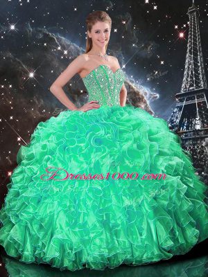 Fantastic Turquoise Organza Lace Up Sweet 16 Quinceanera Dress Sleeveless Floor Length Beading and Ruffles