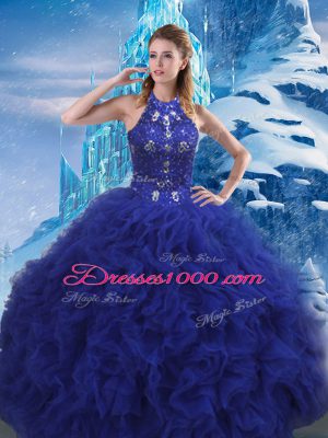 Deluxe Sleeveless Beading and Ruffles Lace Up 15th Birthday Dress with Blue Brush Train