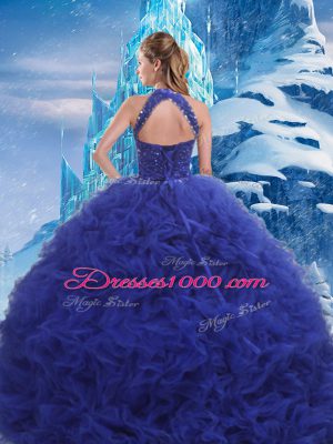 Deluxe Sleeveless Beading and Ruffles Lace Up 15th Birthday Dress with Blue Brush Train