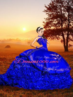 Superior Lace Up Quince Ball Gowns Royal Blue for Military Ball and Sweet 16 and Quinceanera with Embroidery and Ruffles Brush Train