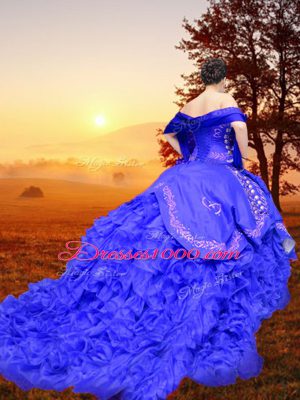 Superior Lace Up Quince Ball Gowns Royal Blue for Military Ball and Sweet 16 and Quinceanera with Embroidery and Ruffles Brush Train