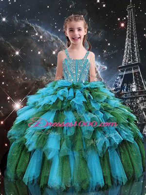 High Quality Straps Sleeveless Tulle Kids Formal Wear Beading and Ruffles Lace Up