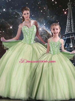 Yellow Green Ball Gowns Sweetheart Sleeveless Tulle Floor Length Lace Up Beading Quinceanera Dresses