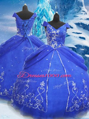 Blue Short Sleeves Floor Length Beading and Appliques Lace Up Sweet 16 Dress