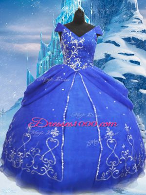 Blue Short Sleeves Floor Length Beading and Appliques Lace Up Sweet 16 Dress